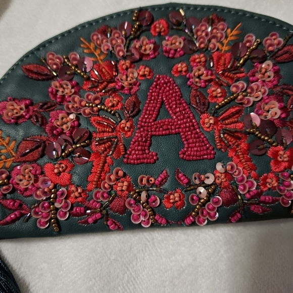 Anthropologie Anna Harlow Russo Monogram A Clutch Beaded Sequin Leather Green - Picture 7 of 12